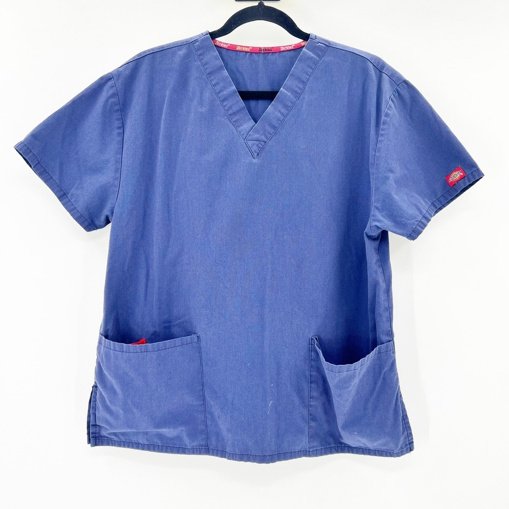 Dickies Scrub Top Women‎ Medium Navy Blue Excellent V-Neck Short Sleeve 86706